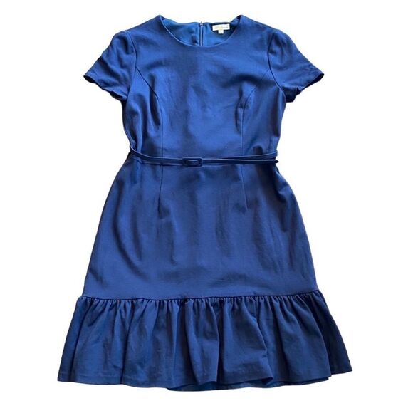 Shoshanna Ink Blue Ruffle Drop Hem Dress Belted 12 - Picture 2 of 6